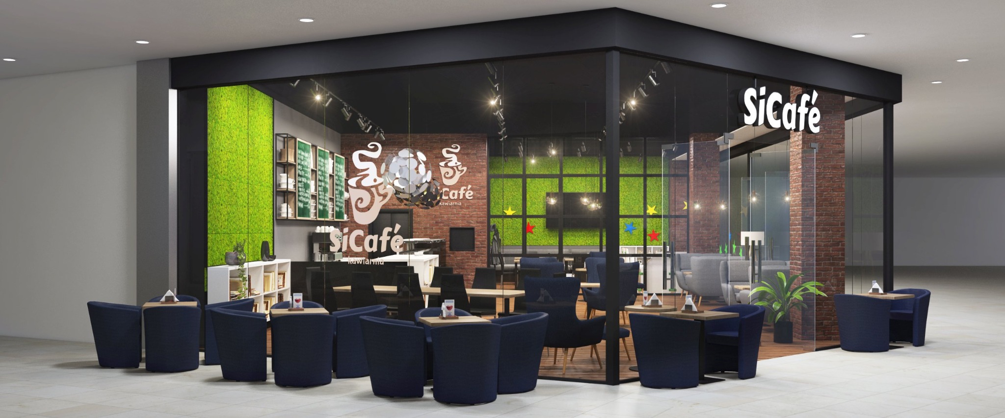 Wizualizacja kawiarni SiCafe z zieloną ścianą z mchu, ceglanymi elementami i nowoczesnymi meblami w odcieniach granatu.