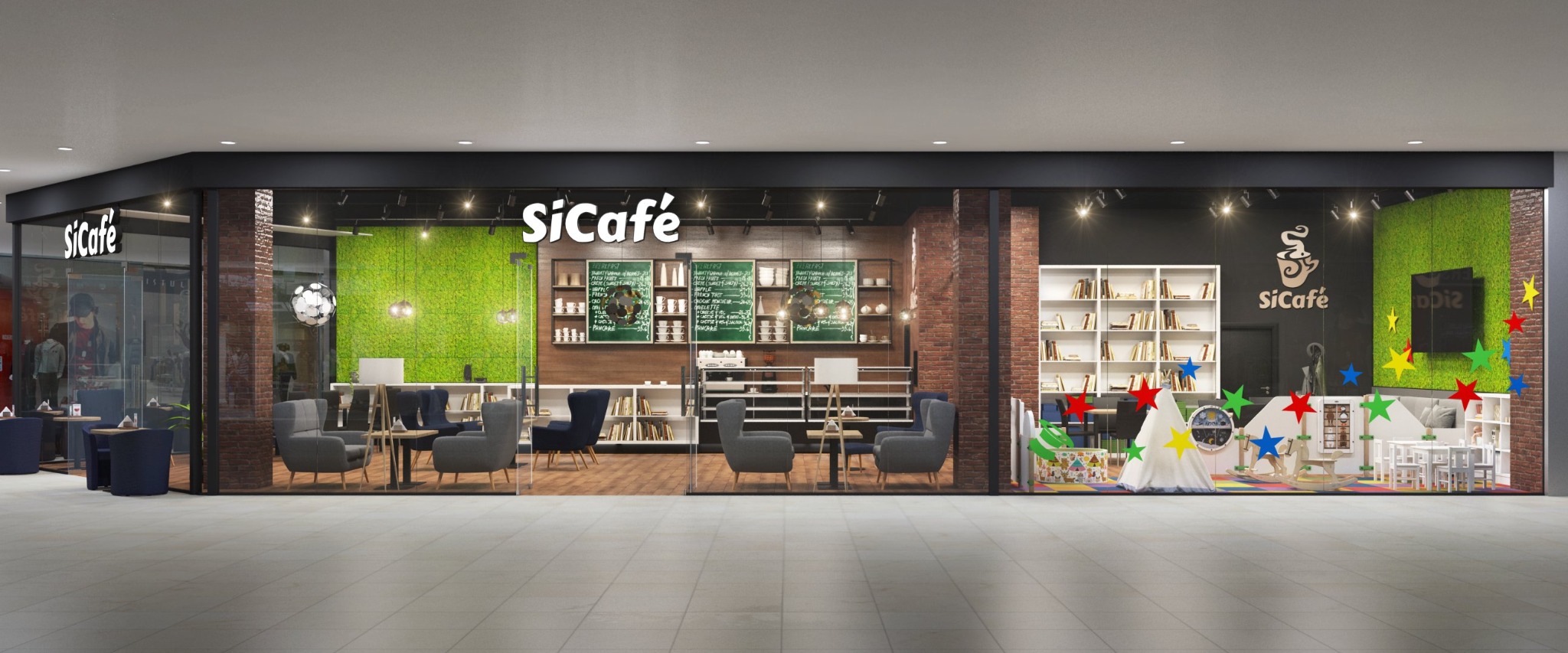 Wnętrze kawiarni SiCafe z wydzieloną strefą dla dzieci, widok z zewnątrz przez szklaną witrynę, z elementami dekoracyjnymi z mchu i cegły.