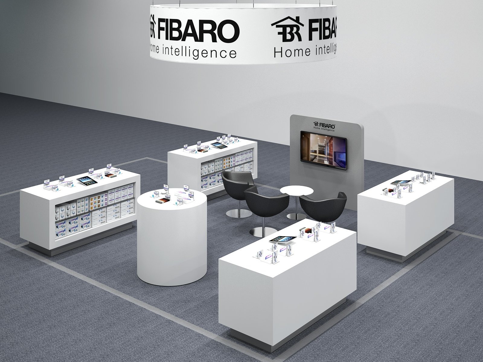 Wizualizacja stoiska targowego Fibaro z ekspozycją urządzeń smart home na białych podestach i ekranem prezentującym wnętrze inteligentnego domu.