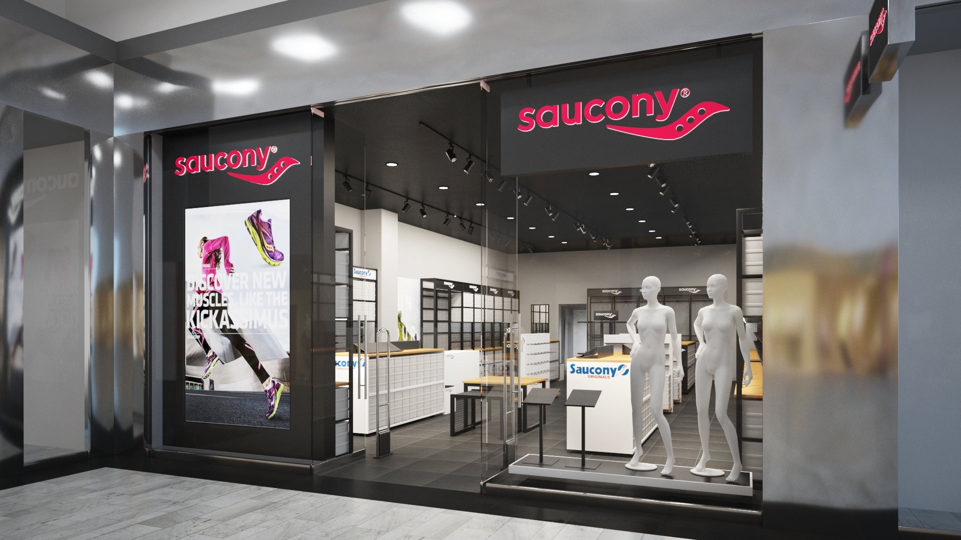 Wizualizacja wnętrza sklepu sportowego Saucony z manekinami, półkami ekspozycyjnymi i plakatem reklamowym butów do biegania, widok z zewnątrz przez szklaną witrynę.