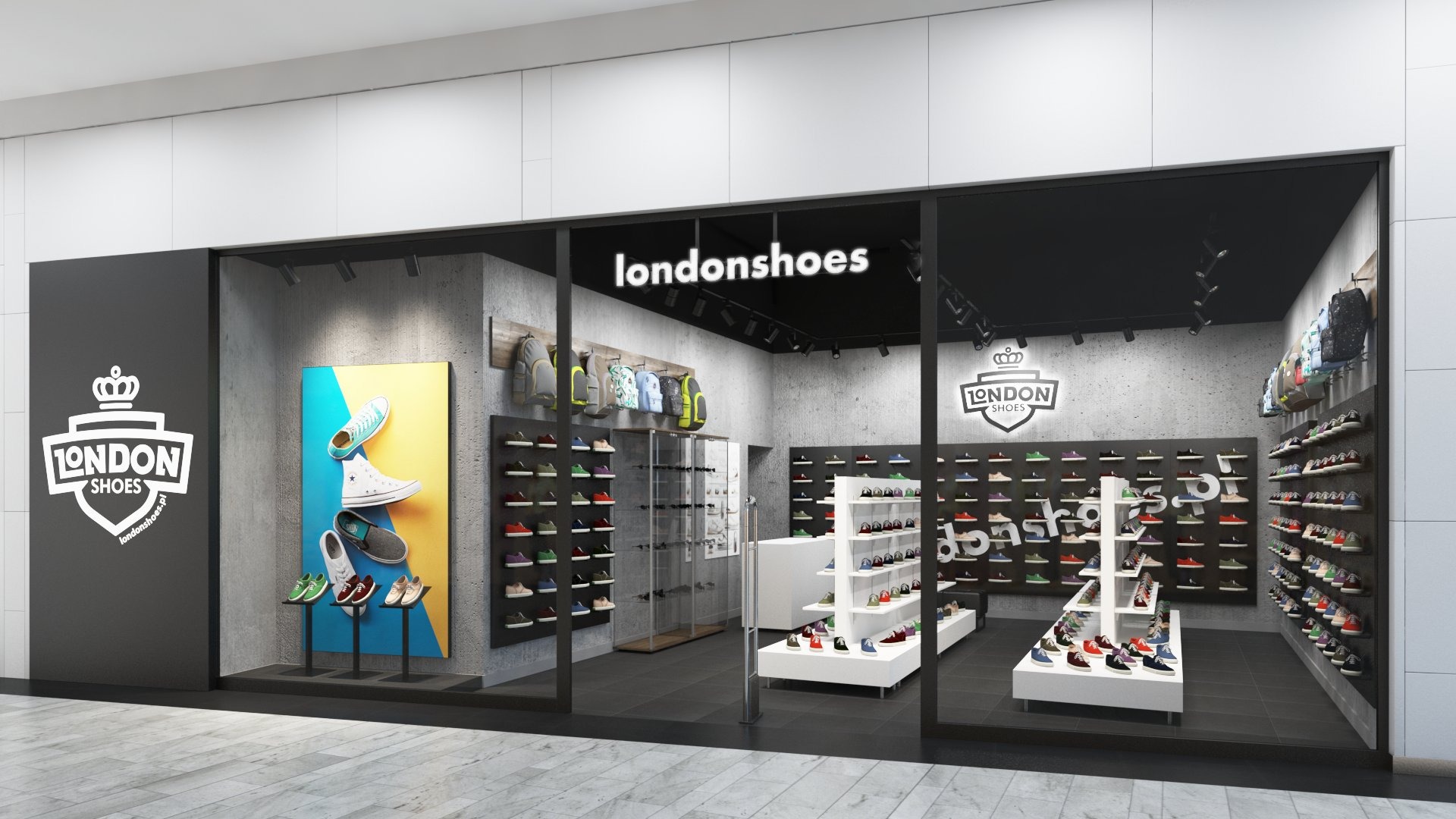 Wizualizacja sklepu obuwniczego London Shoes z logo na ścianie, ekspozycją butów na półkach i plakatem reklamowym w witrynie.
