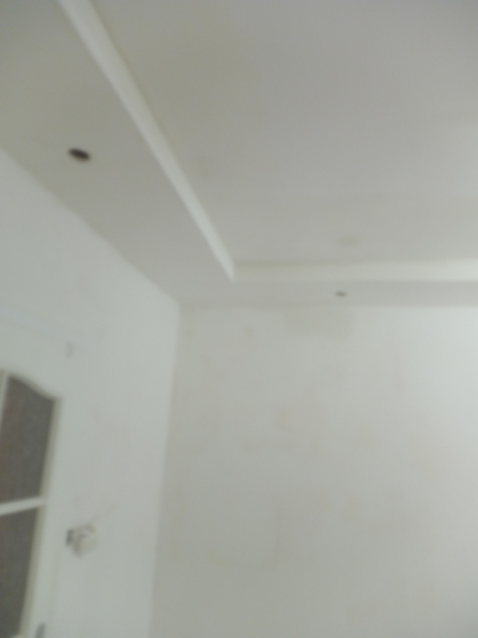 Niejasne ujęcie fragmentu pokoju z białym sufitem z listwami dekoracyjnymi i dwoma punktowymi lampami, oraz fragmentem białej ściany i drzwi z przeszkleniami.