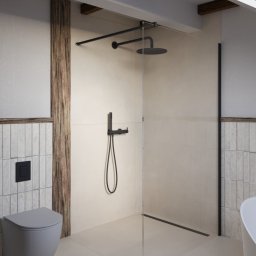 ZEBRA studio - Nowoczesna łazienka z kabiną prysznicową typu walk-in, podwieszaną toaletą i elementami drewna na ścianach.