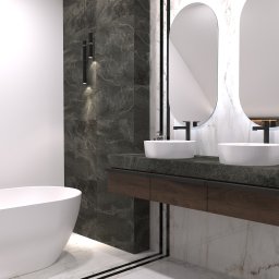 ZEBRA studio - Nowoczesna łazienka z wolnostojącą wanną, dwoma owalnymi umywalkami na ciemnym blacie z drewnianą szafką, podwieszanymi lampami i lustrami w kształcie zaokrąglonych prostokątów, wykończona płytkami...