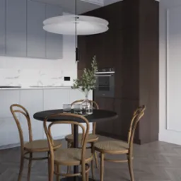 Nowoczesna kuchnia z okrągłym, czarnym stołem i czterema krzesłami z giętego drewna z rattanowym siedziskiem, uzupełniona minimalistyczną lampą wiszącą i dekoracyjnym bukietem w szklanym wazonie.