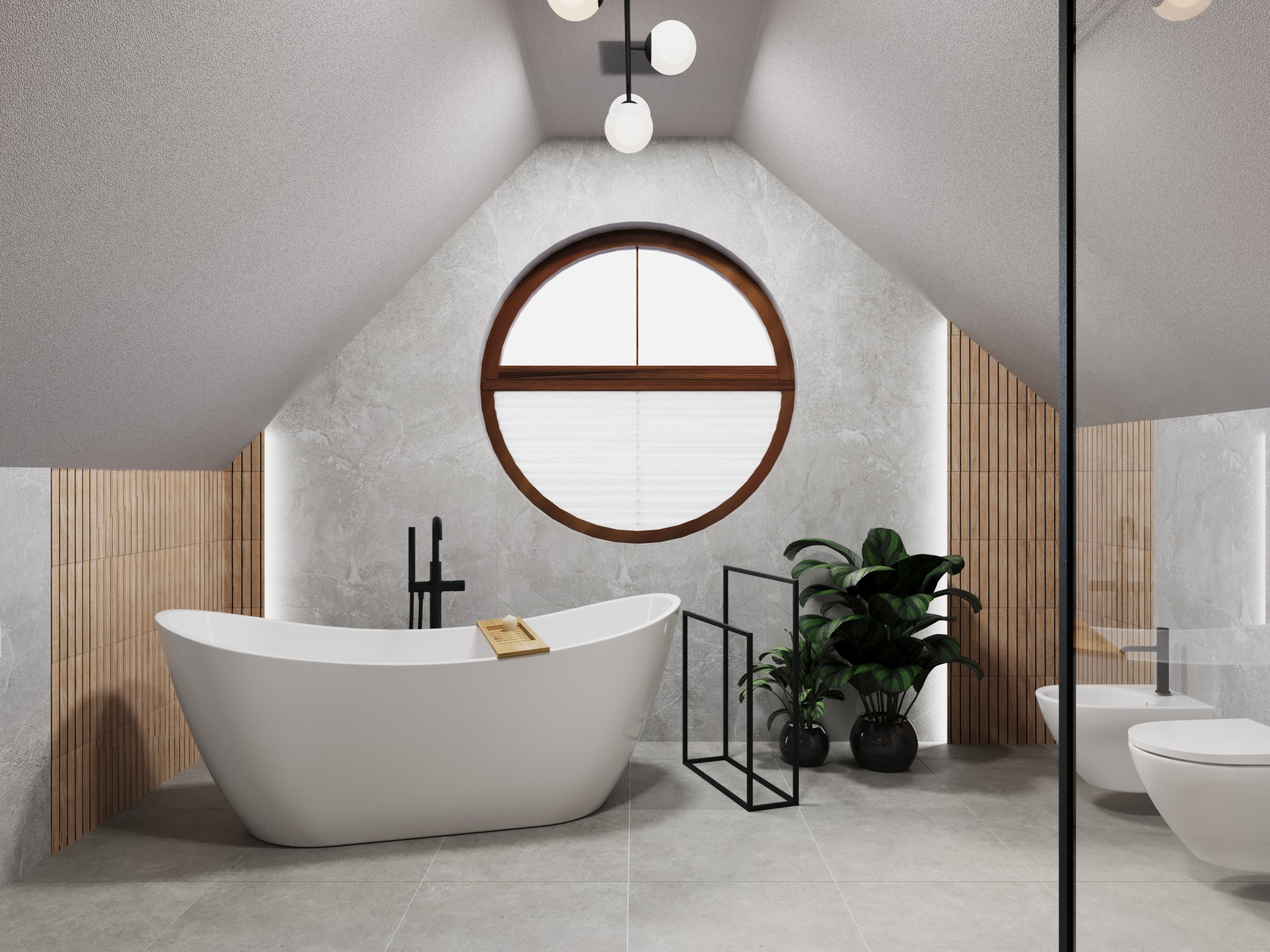 Nowoczesna łazienka na poddaszu z owalną wanną, okrągłym oknem i elementami drewnianej boazerii, oświetlona lampą wiszącą z kulistymi kloszami.