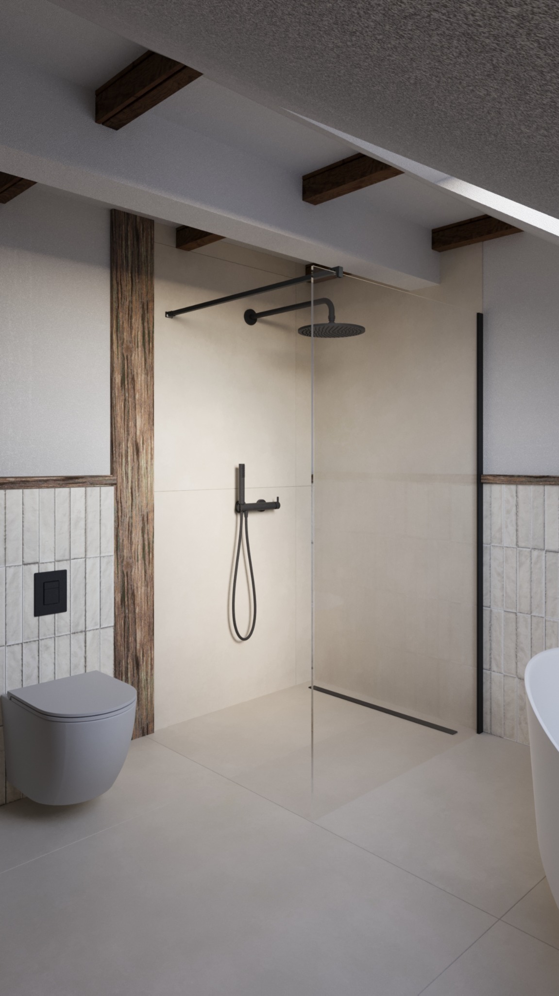 Nowoczesna łazienka z kabiną prysznicową typu walk-in, podwieszaną toaletą i elementami drewna na ścianach.