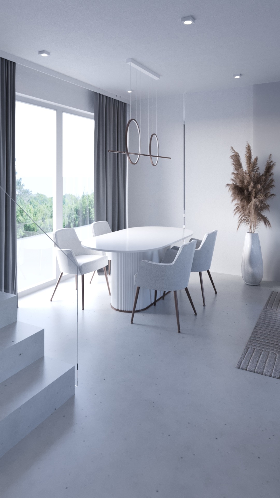 Jasne, minimalistyczne wnętrze jadalni z owalnym białym stołem otoczonym szarymi krzesłami na drewnianych nogach, wisząca lampa z okrągłymi elementami, wysoki wazon z puszystymi trawami, widok...