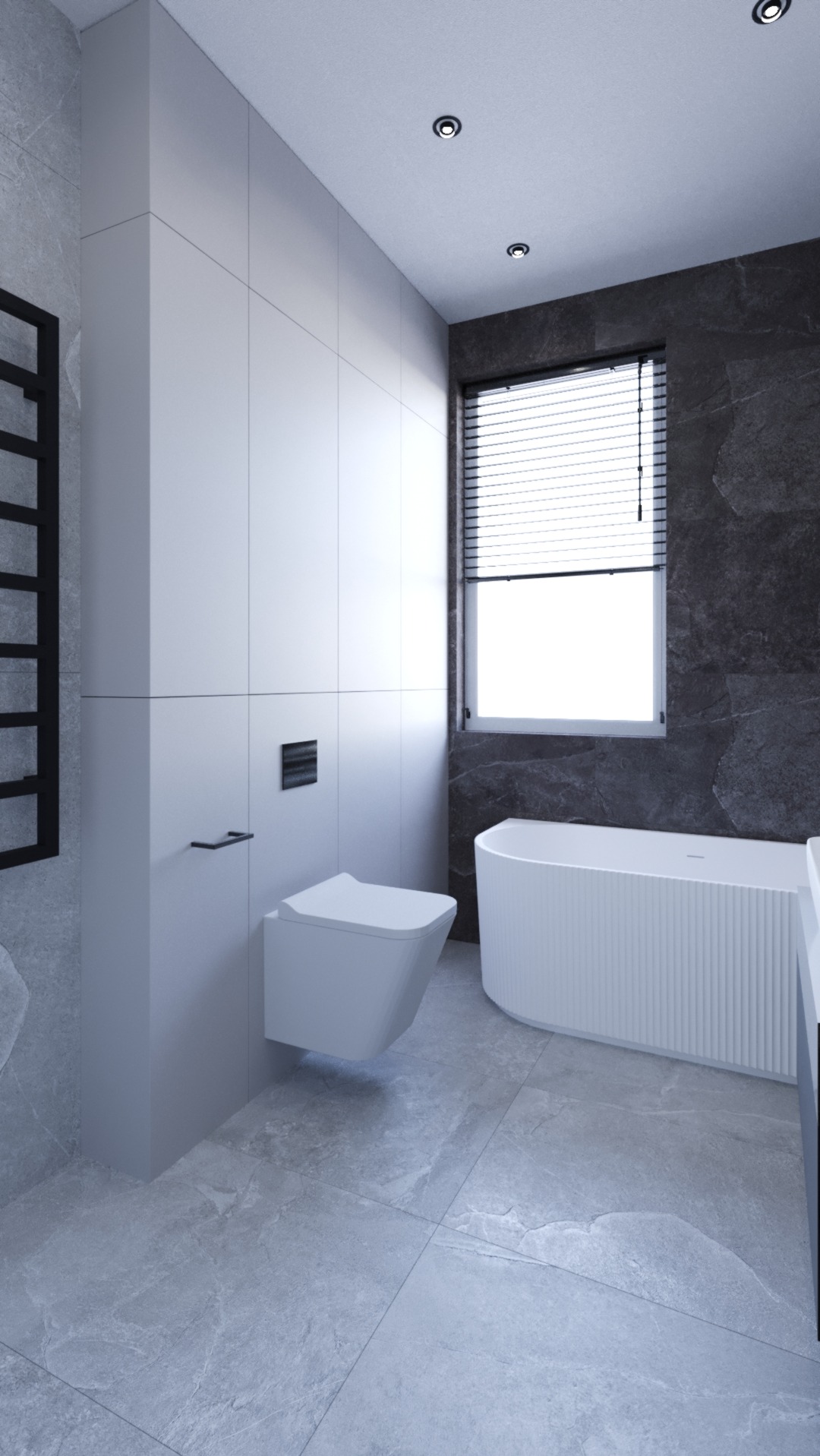 Nowoczesna łazienka w szarościach z podwieszaną toaletą, wolnostojącą wanną i grzejnikiem drabinkowym.
