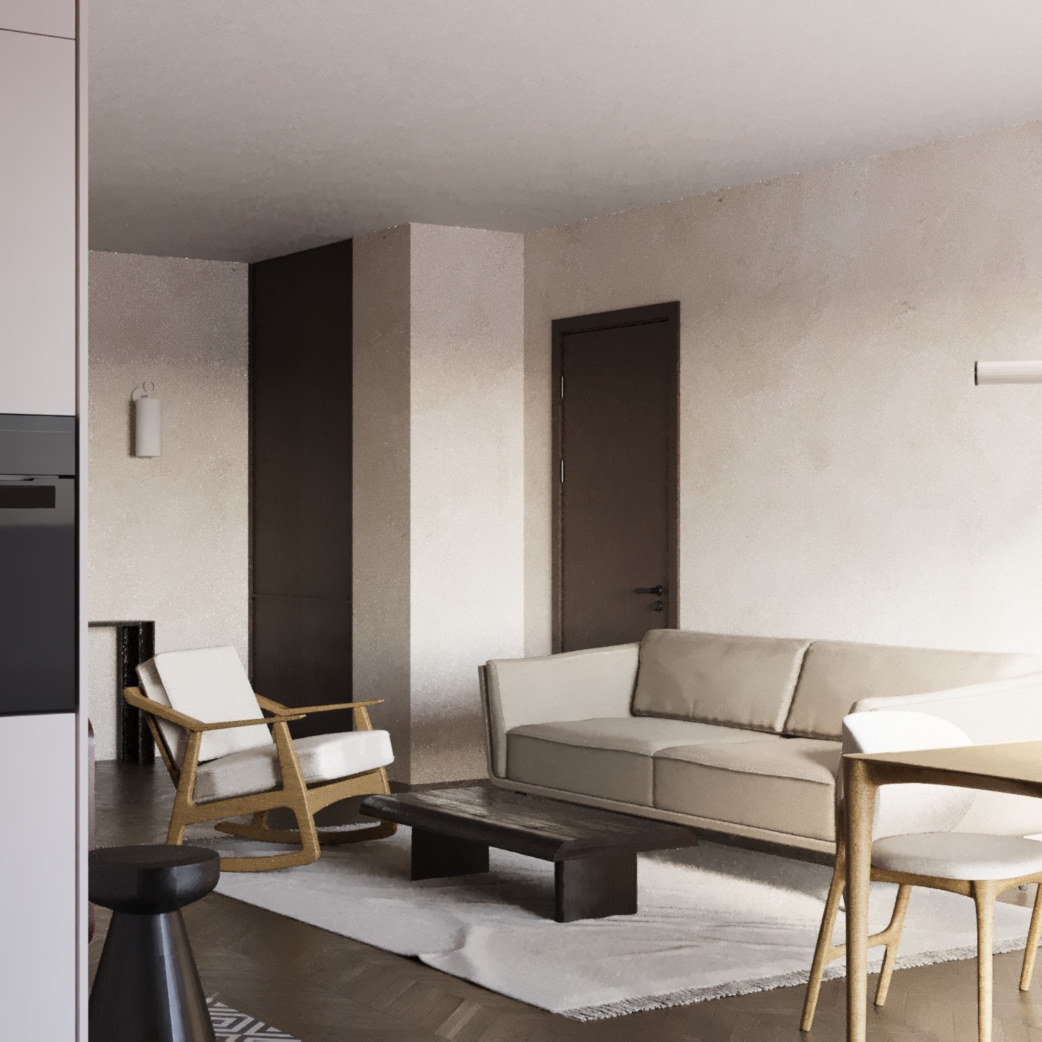 Jasne wnętrze salonu z beżową sofą, drewnianym stołem i krzesłami oraz bujanym fotelem na białym dywanie.