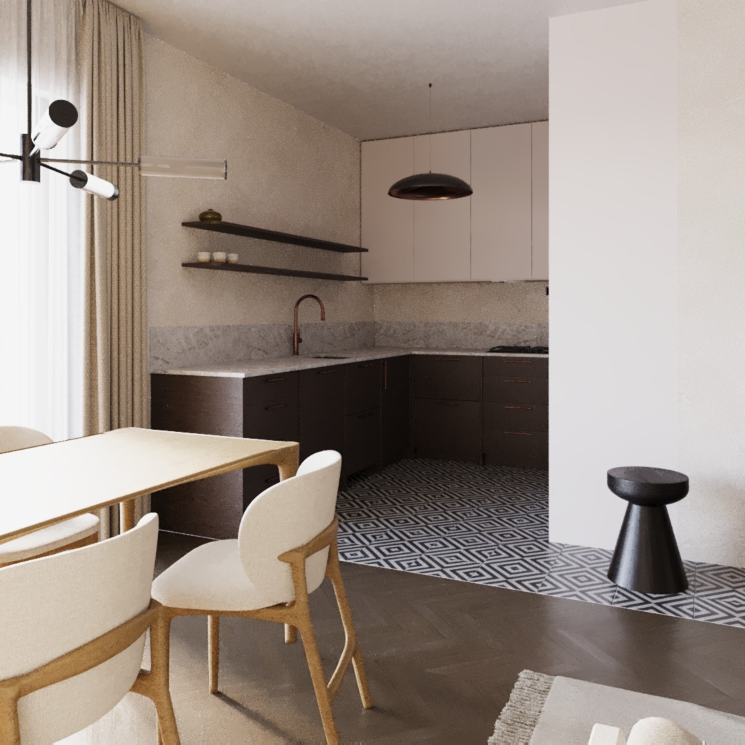 Nowoczesna kuchnia z jadalnią: ciemne szafki, marmurowy blat, geometryczna podłoga, drewniany stół i krzesła z jasną tapicerką oraz czarny stołek.