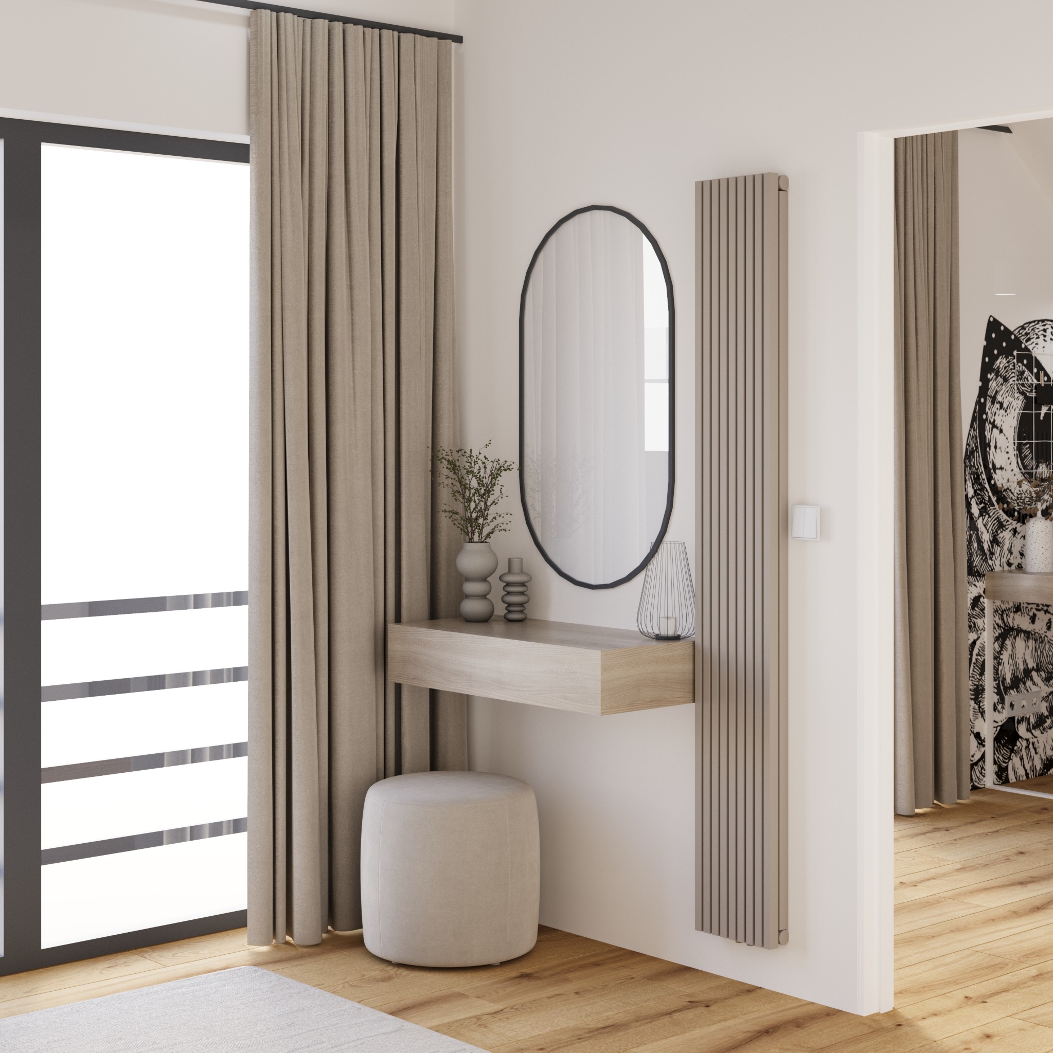 Nowoczesna toaletka z owalnym lustrem, drewnianym blatem, beżowym pufem i dekoracyjnymi wazonami, oświetlona naturalnym światłem z okna z zasłonami.