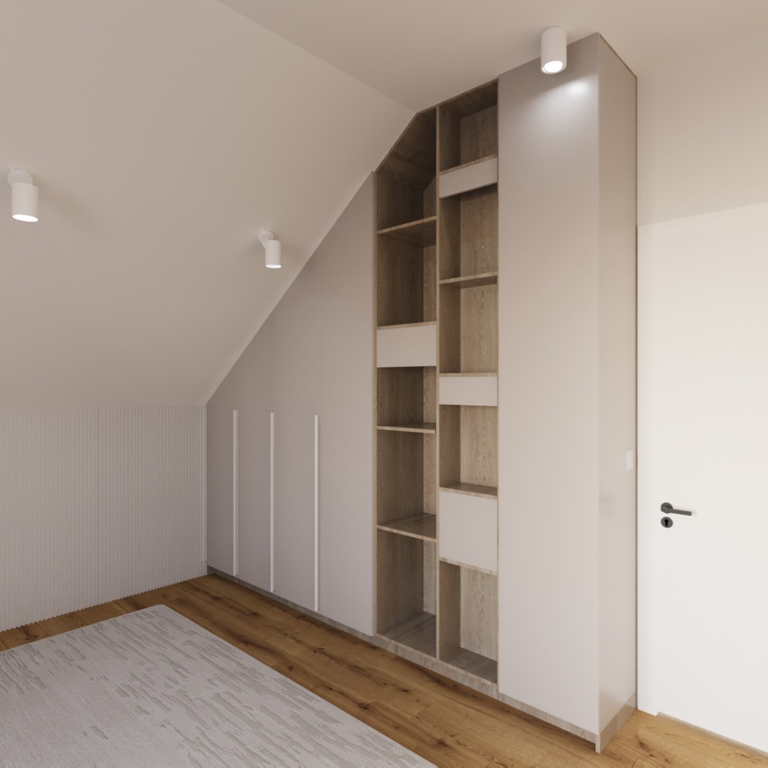 Wnętrze pokoju na poddaszu z zabudową szafy pod skosem, drewniana podłoga i dywan w odcieniach szarości, oświetlenie punktowe.