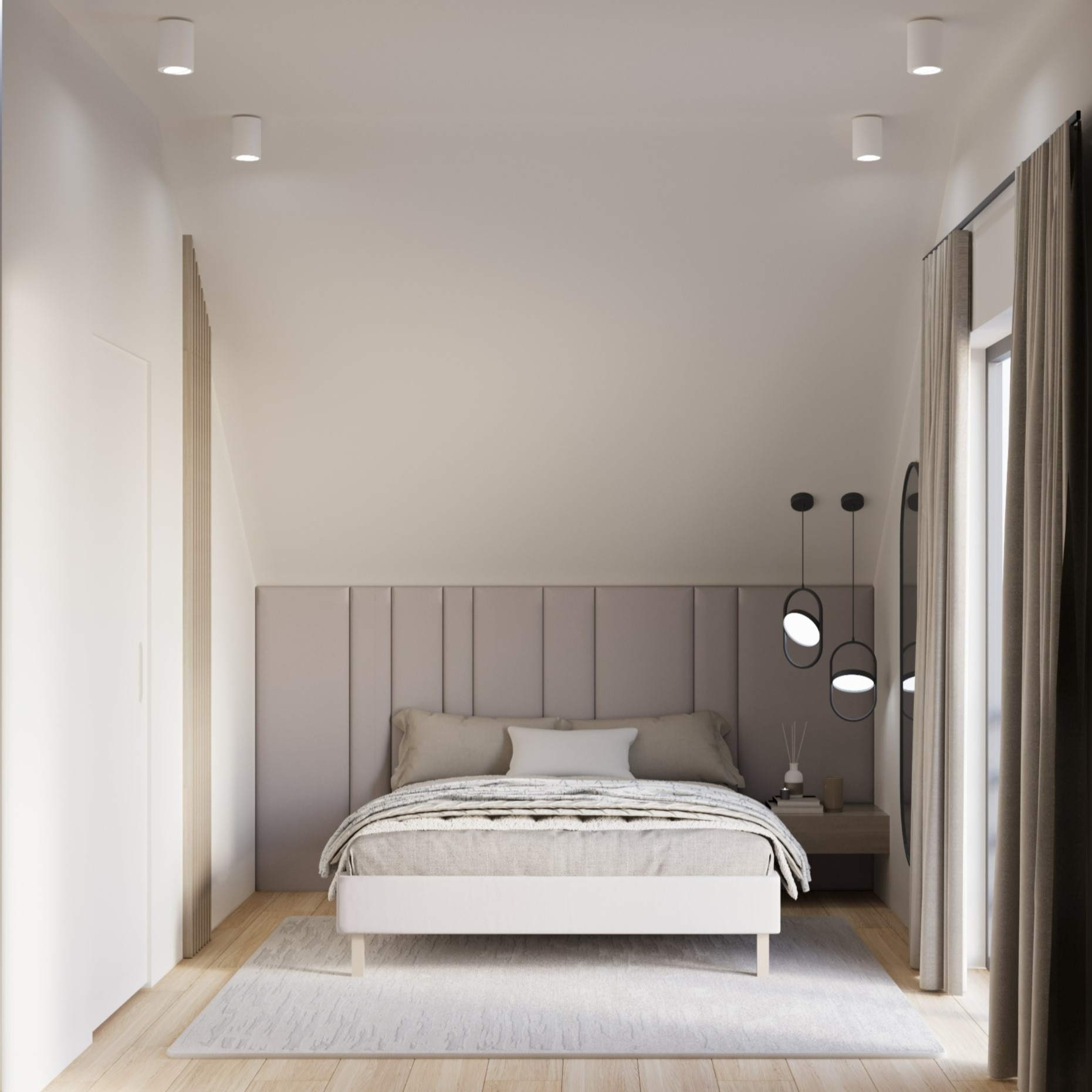 Minimalistyczna sypialnia w odcieniach beżu i bieli, z łóżkiem z tapicerowanym zagłówkiem, wiszącymi lampami i jasnym dywanem na drewnianej podłodze.