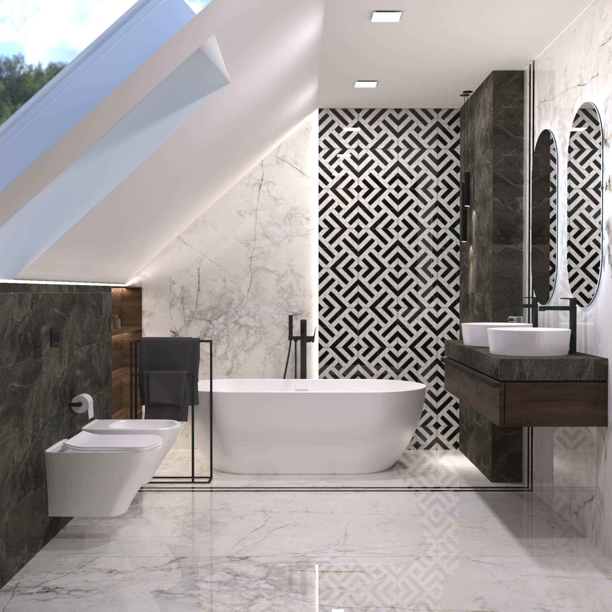 Elegancka łazienka na poddaszu z marmurowymi płytkami, wolnostojącą wanną, bidetem i umywalkami nablatowymi, oświetlona światłem z okna dachowego.