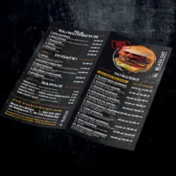 Menu restauracji Black Cat Burger z listą burgerów, dodatków i napojów, czarne tło, widoczny burger z napisem '100% mięsa wołowego'