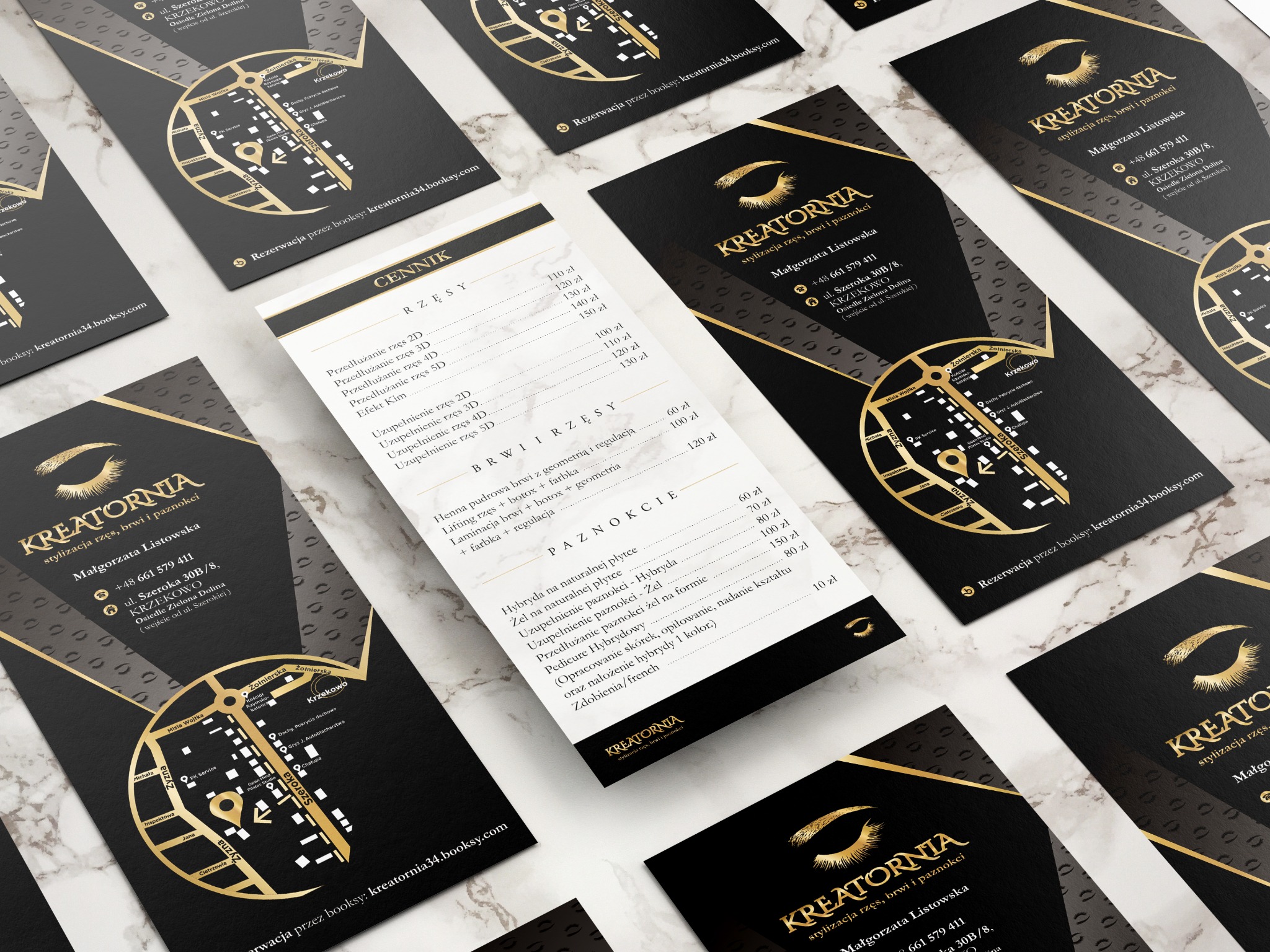 Czarno-złota wizytówka i cennik salonu stylizacji rzęs, brwi i paznokci 'Kreatornia' na marmurowym tle. Wizytówka zawiera logo, dane kontaktowe i mapę dojazdu. Cennik prezentuje ceny usług: rzęsy...