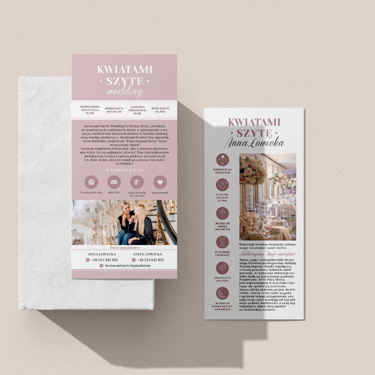Ulotka reklamowa firmy dekorującej sale weselne, prezentująca ofertę kompleksowej organizacji ślubu, koordynacji dnia ślubu, częściowej organizacji ślubu, konsultacji ślubnych, dekoracji sal...