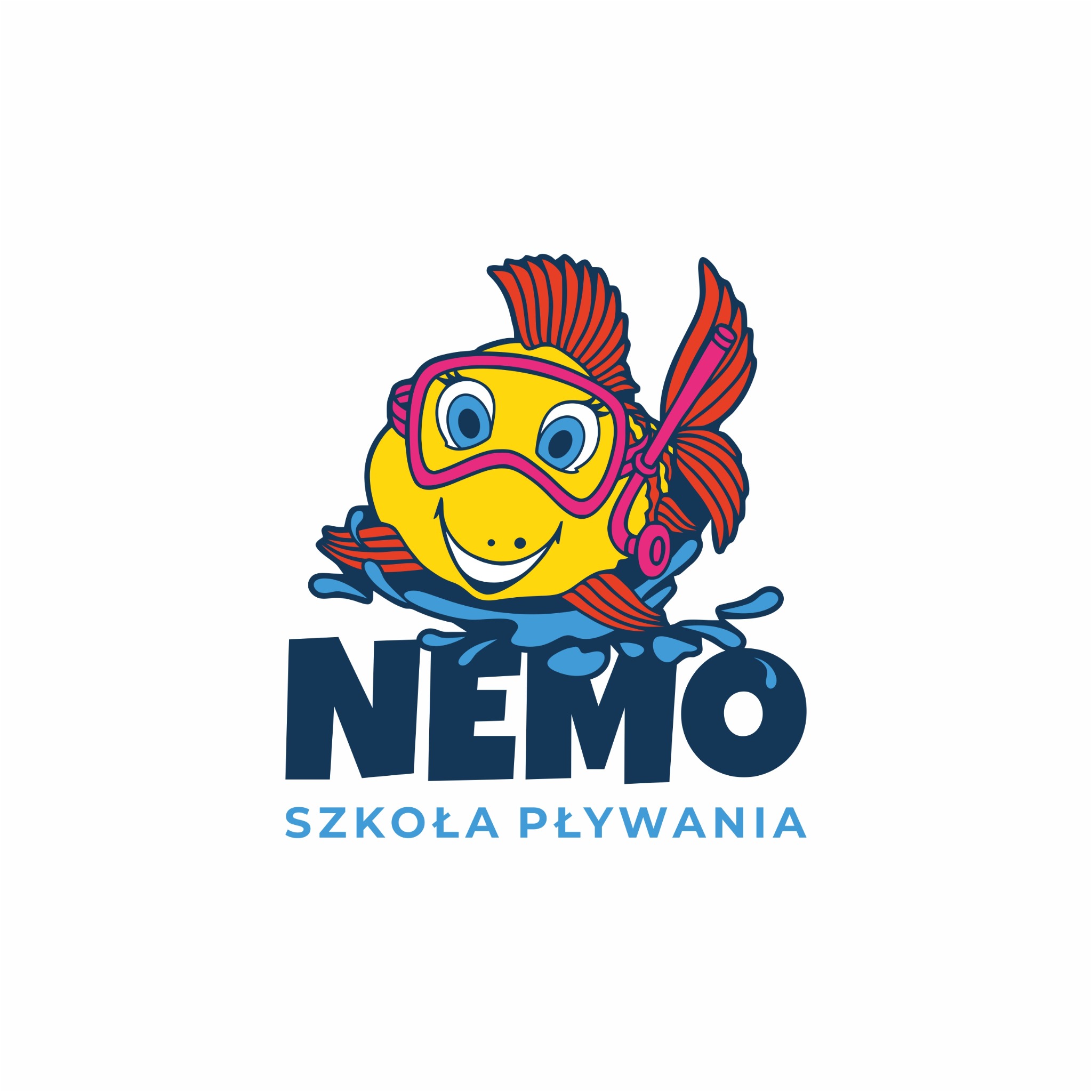 Ilustracja przedstawia żółtą rybę z pomarańczowymi płetwami, ubraną w różowe okulary do pływania i fajkę, unoszącą się nad napisem 'NEMO SZKOŁA PŁYWANIA', całość na białym tle.
