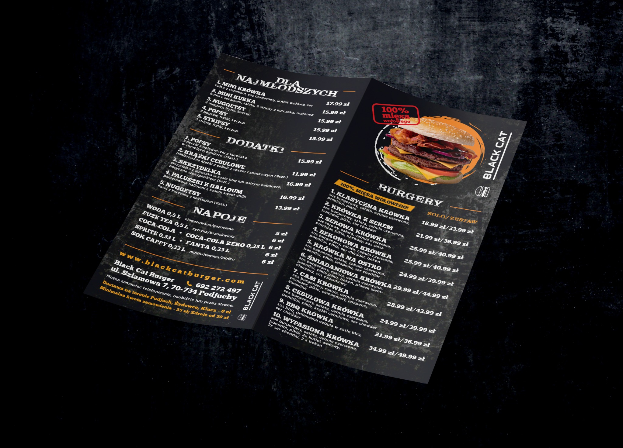 Menu restauracji Black Cat Burger z listą burgerów, dodatków i napojów, czarne tło, widoczny burger z napisem '100% mięsa wołowego'