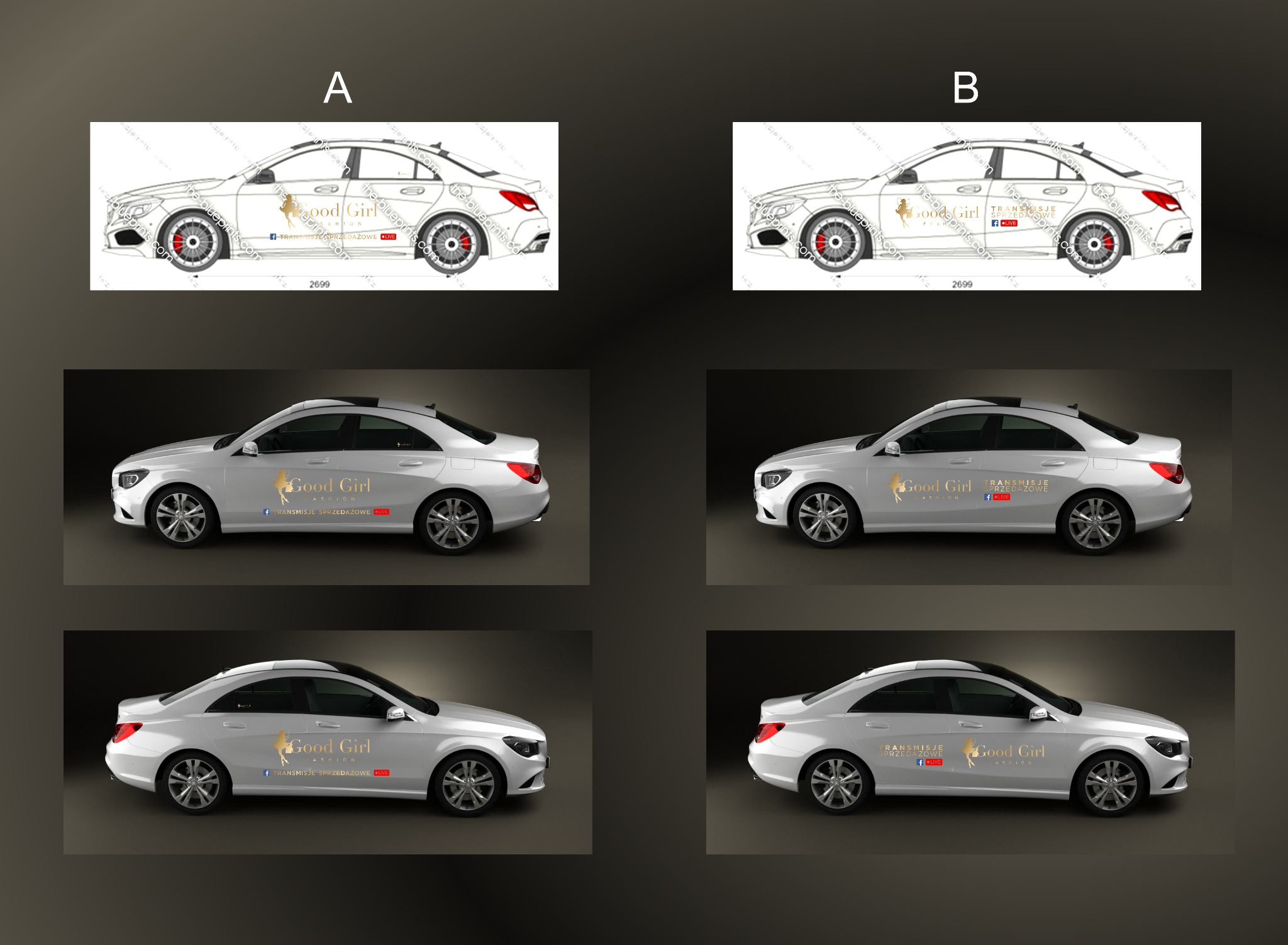 Projekt graficzny oklejenia samochodu osobowego z logotypem firmy odzieżowej, prezentujący dwie wersje projektu: szkic techniczny z wymiarami oraz wizualizacja na modelu 3D.
