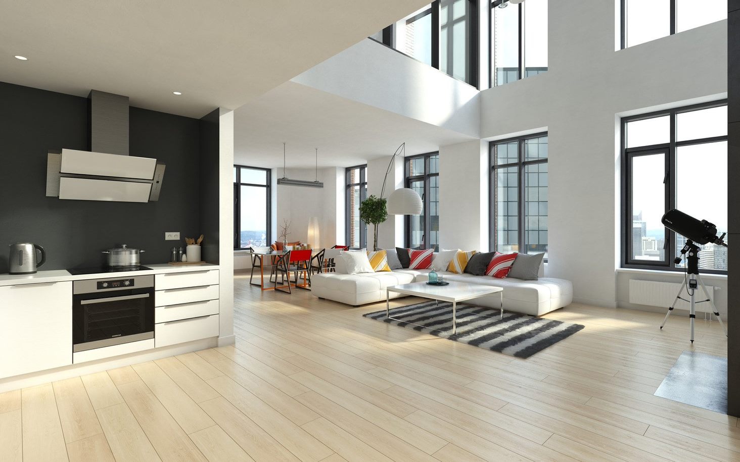 Jasne, przestronne wnętrze apartamentu z otwartą kuchnią, salonem i jadalnią; widoczne duże okna z czarnymi ramami, biała sofa z kolorowymi poduszkami, teleskop na statywie przy oknie.
