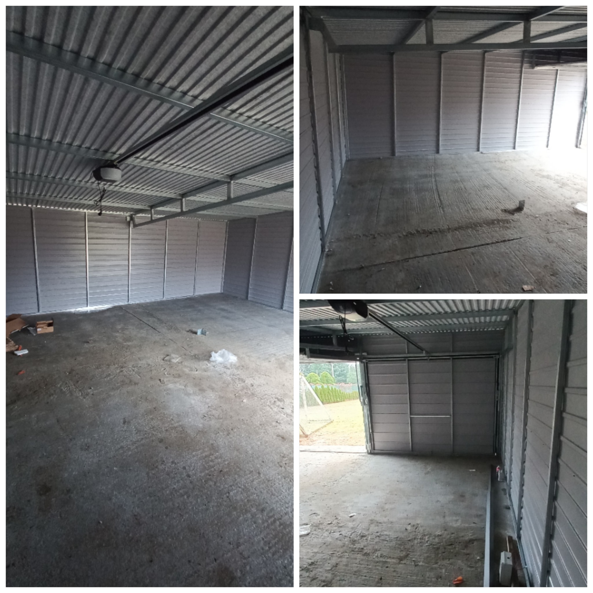 Wnętrze szarego garażu blaszanego z widoczną konstrukcją dachu, ścianami z paneli i betonową podłogą, gdzie w tle widać częściowo otwarte drzwi garażowe i zielony krajobraz.