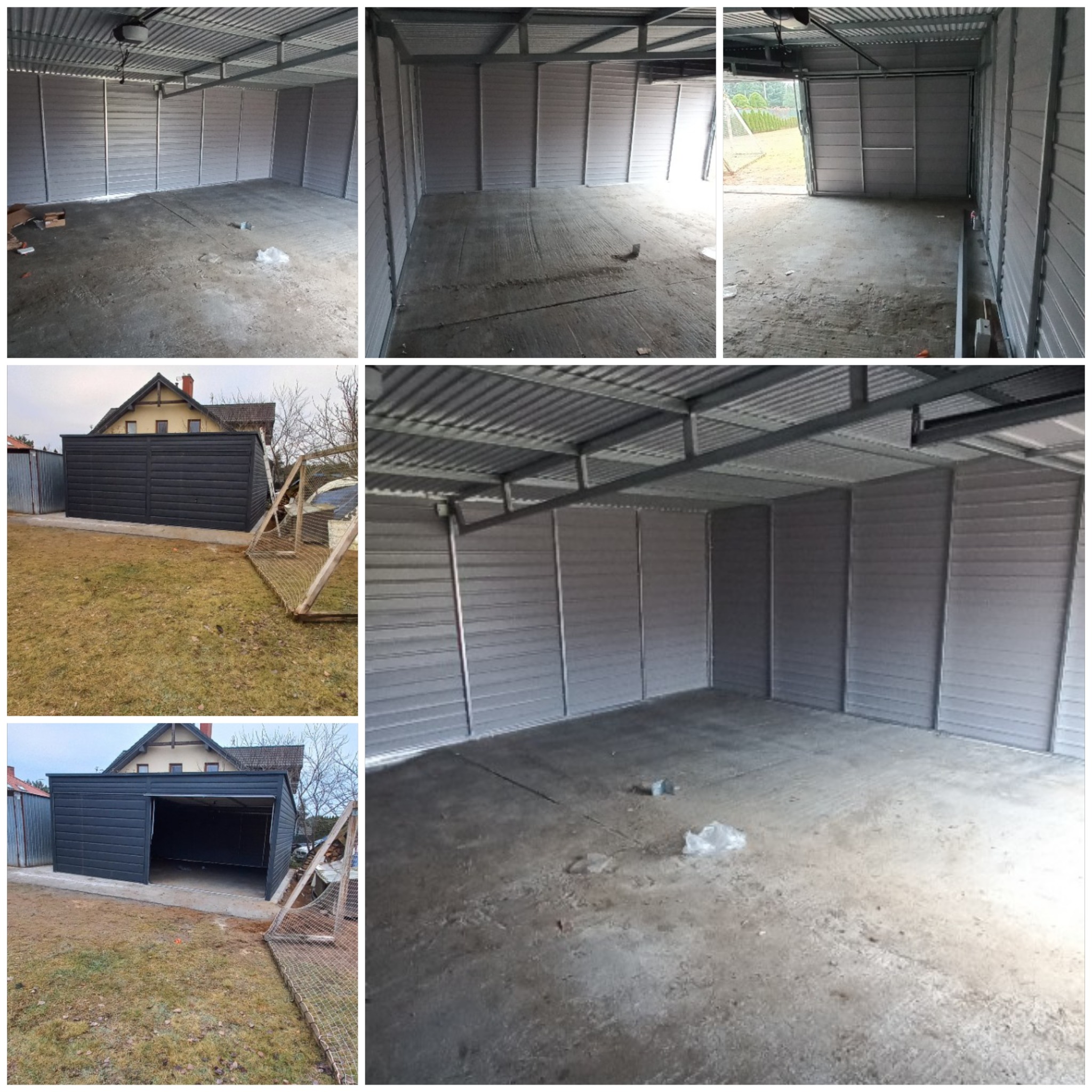 Montaż garażu blaszanego: Wnętrze surowego garażu z blachy falistej, widok na szkielet i ściany, surowa betonowa podłoga, na zewnątrz posesji widoczny gotowy, pomalowany na czarno garaż.