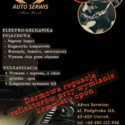 Plakat reklamowy warsztatu samochodowego B&M Auto Serwis z ofertą elektro-mechaniki pojazdowej, wulkanizacji i darmowej regulacji reflektor&oacute;w przy wymianie kompletu opon, z adresem i numerem telefonu.