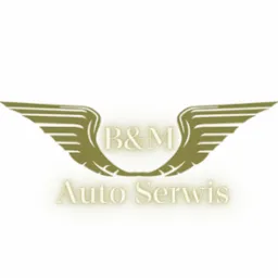 Złote logo firmy B&M Auto Serwis z motywem skrzydeł na białym tle.