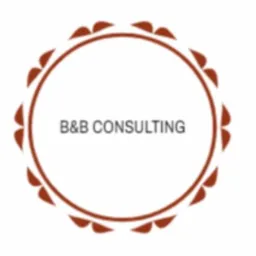 Logo firmy B&B Consulting w okrągłej ramce z dekoracyjnymi elementami w kolorze brązowym.