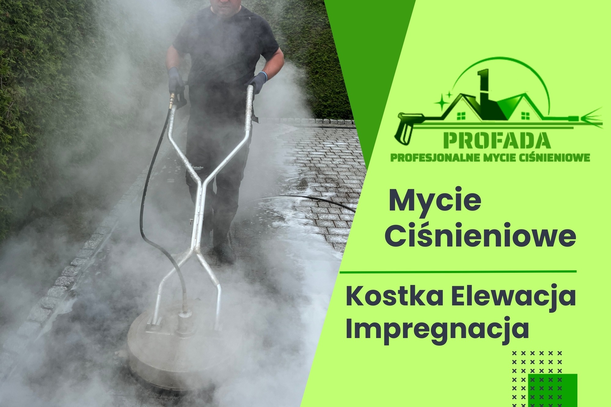 Mężczyzna w czarnym ubraniu czyści kostkę brukową za pomocą myjki ciśnieniowej z okrągłą dyszą, w tle żywopłot i logo firmy z tekstem 'PROFADA Profesjonalne mycie ciśnieniowe'.
