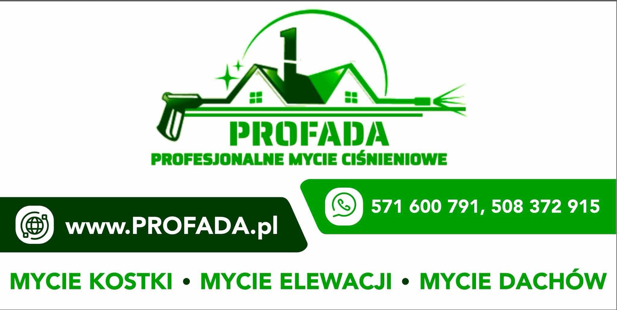 Logo firmy PROFADA z ofertą profesjonalnego mycia ciśnieniowego kostki, elewacji i dachów, numerami telefonów i adresem strony internetowej.