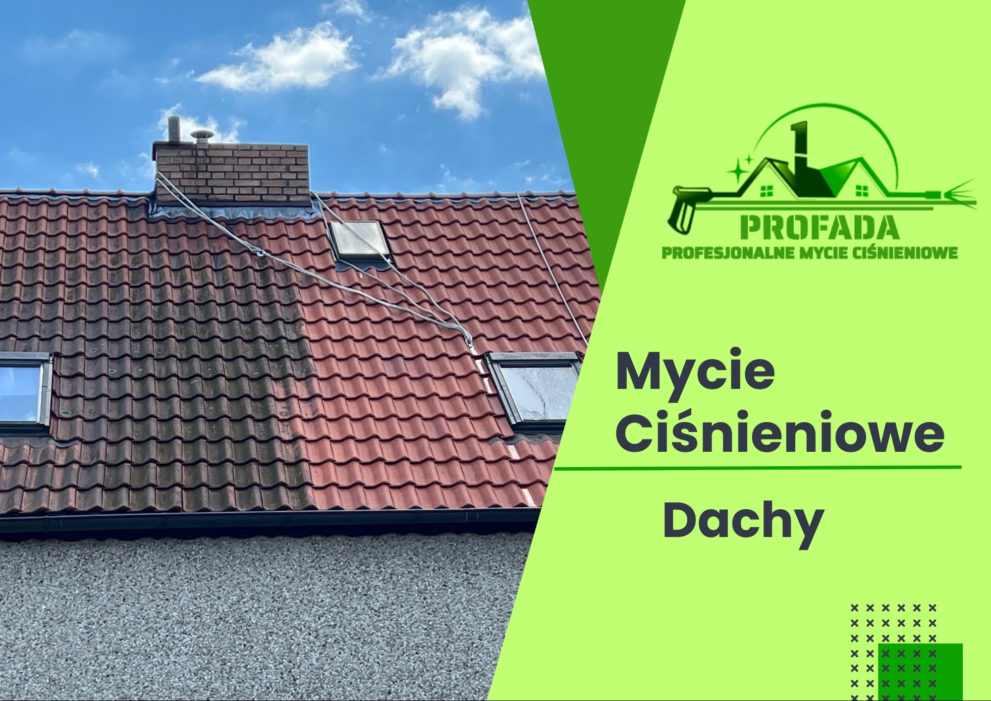 Częściowo wyczyszczony dach z czerwonej dachówki, widoczne okna dachowe i komin, kontrast między brudną a czystą powierzchnią, zieleń i logo firmy po prawej stronie.