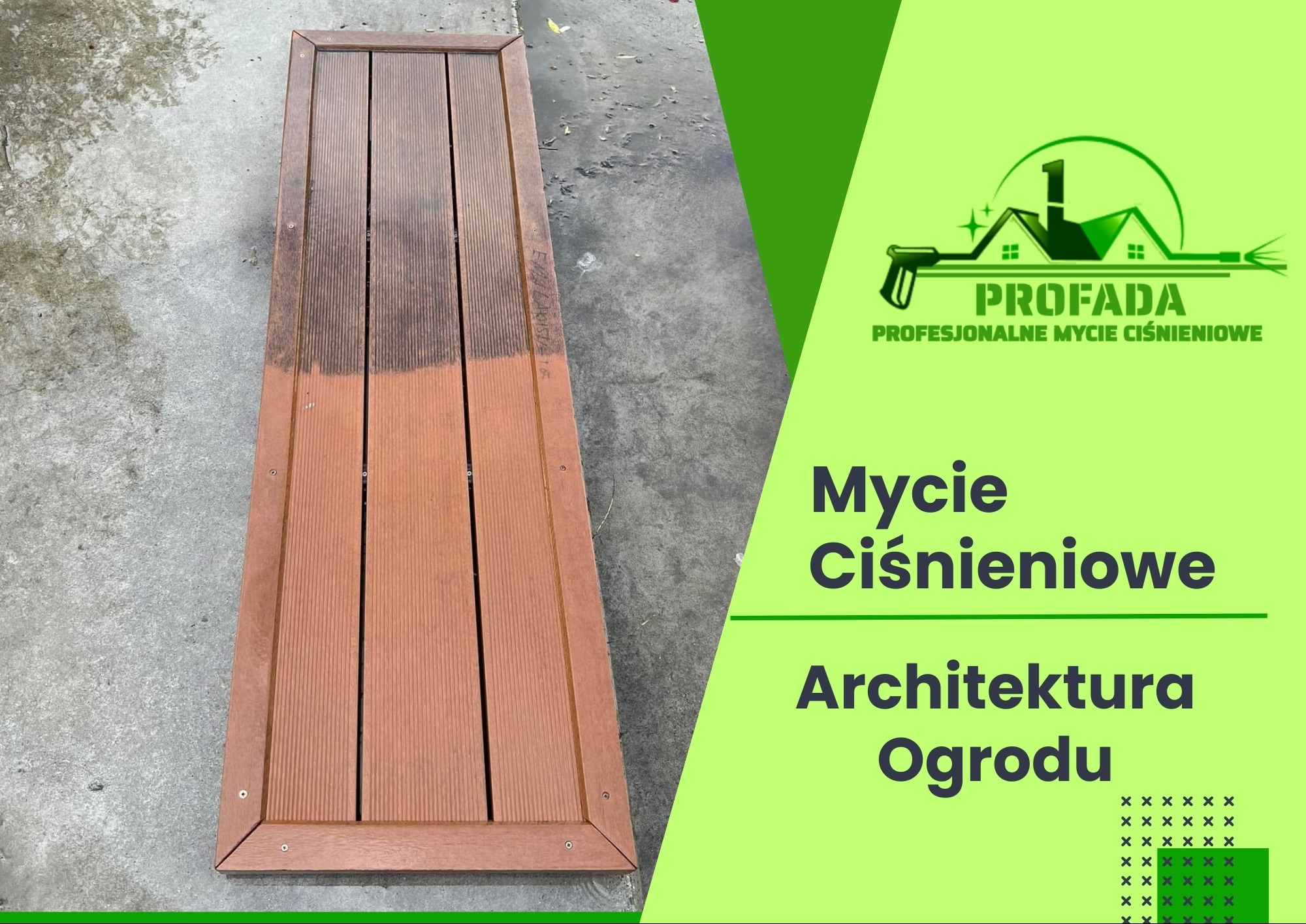 Częściowo wyczyszczony drewniany taras przed i po, widoczna różnica w kolorze i czystości desek, tło betonowe.