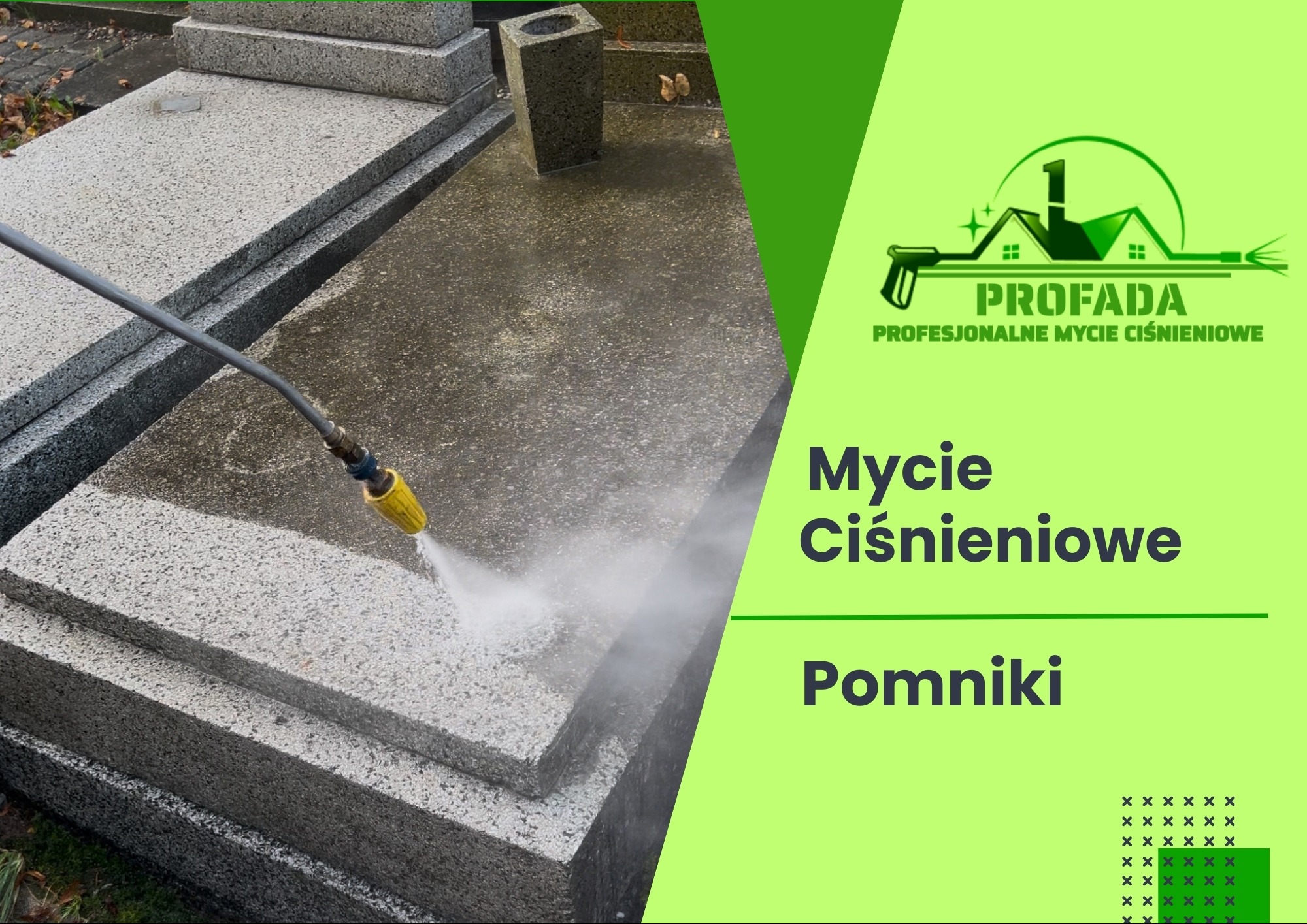 Dysza myjki ciśnieniowej czyści kamienny nagrobek, woda spływa po jego powierzchni, widoczne liście na ziemi.