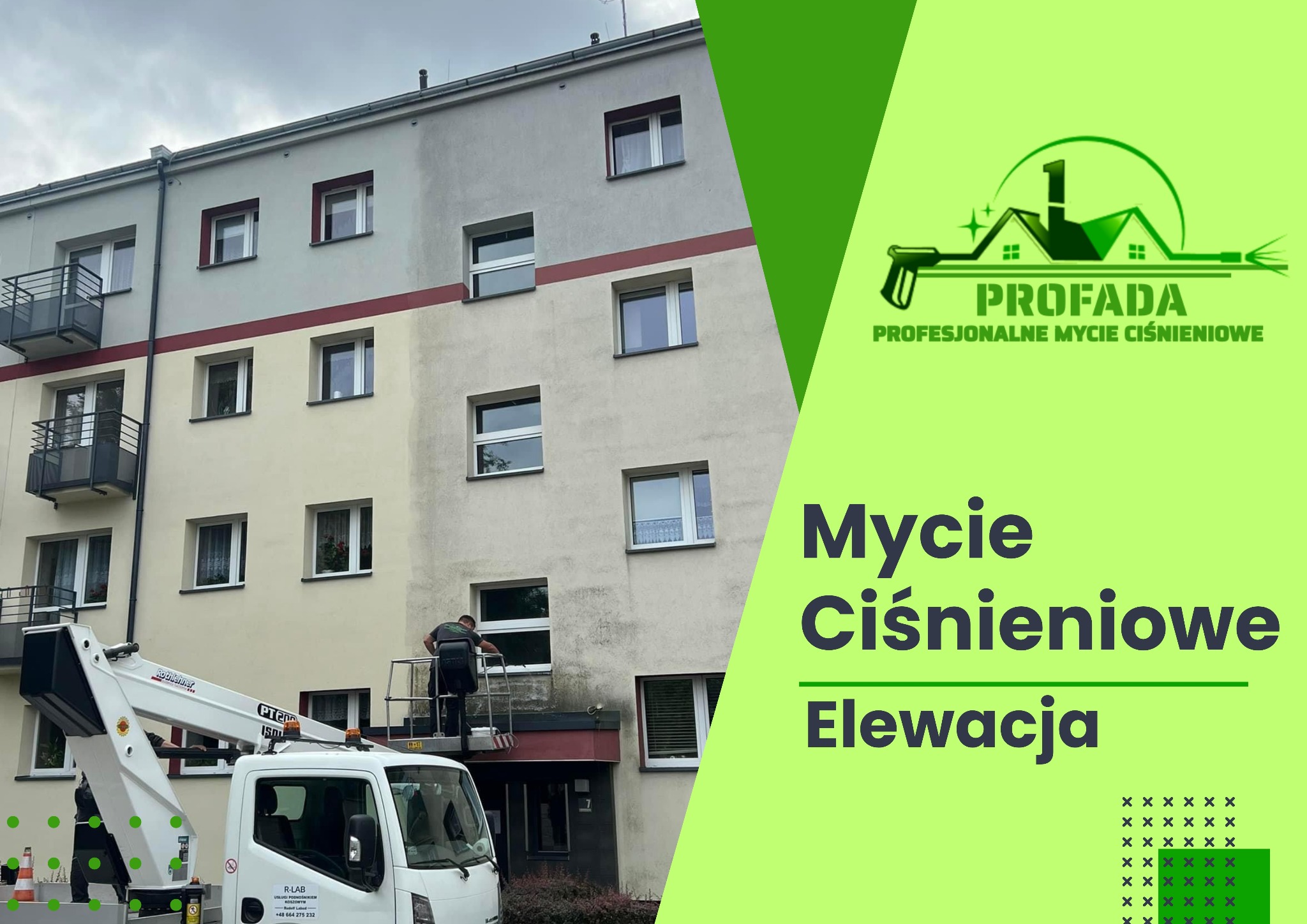 Pracownik na podnośniku koszowym czyści elewację budynku wielorodzinnego za pomocą myjki ciśnieniowej; widoczna część elewacji przed i po czyszczeniu.