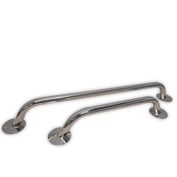 MARZOS Agnieszka Gołąb - Dwie chromowane, nierdzewne poręcze o różnych długościach, z okrągłymi podstawami montażowymi, leżące na białym tle.