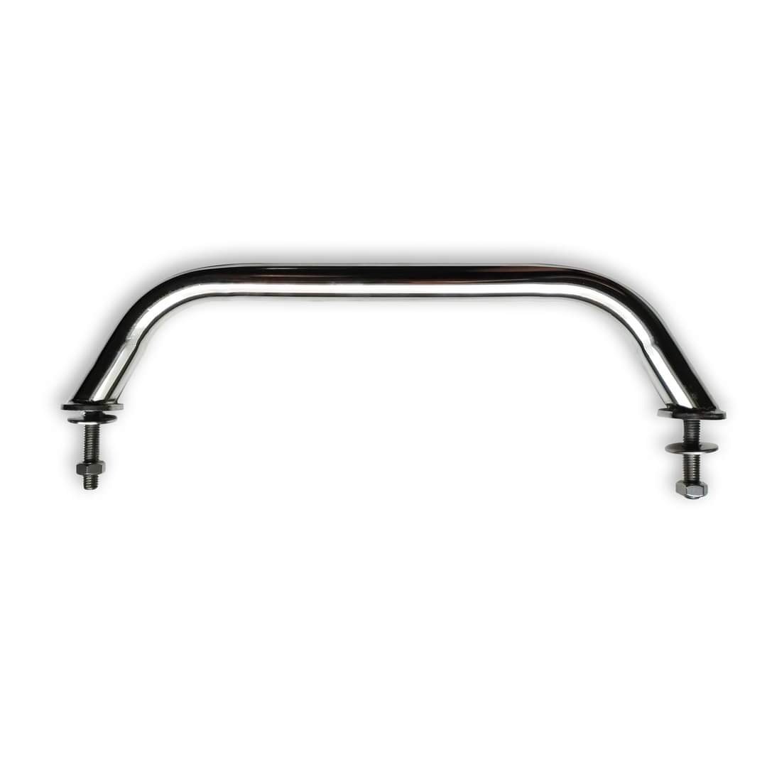 Polerowana, nierdzewna poręcz z mocowaniem śrubowym, widok z góry na białym tle.