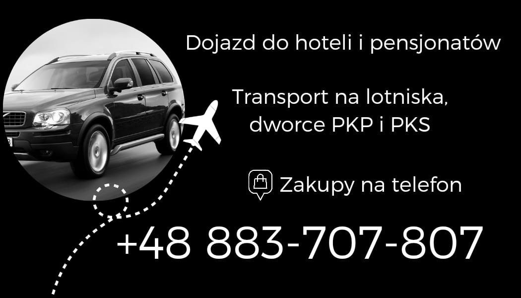 Czarny SUV w okręgu na czarnym tle z informacją o dojeździe do hoteli, transport na lotniska i zakupy na telefon oraz numerem telefonu.