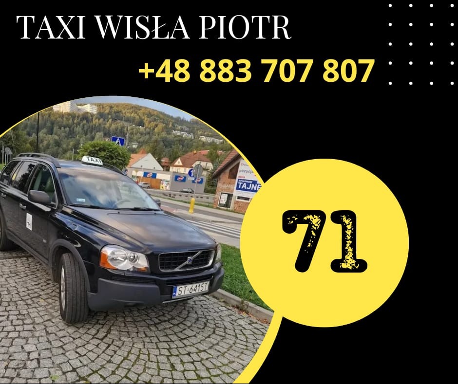 Czarny samochód taxi Volvo XC90 z numerem bocznym 71, zaparkowany na brukowanej ulicy w Wiśle, z widocznym numerem telefonu i nazwą firmy Taxi Wisła Piotr.