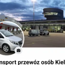 Srebrny van Mercedes V-klasy na tle lotniska Łódź Lublinek, z samolotem w tle, ujęty w okrągłej ramce profilowej.