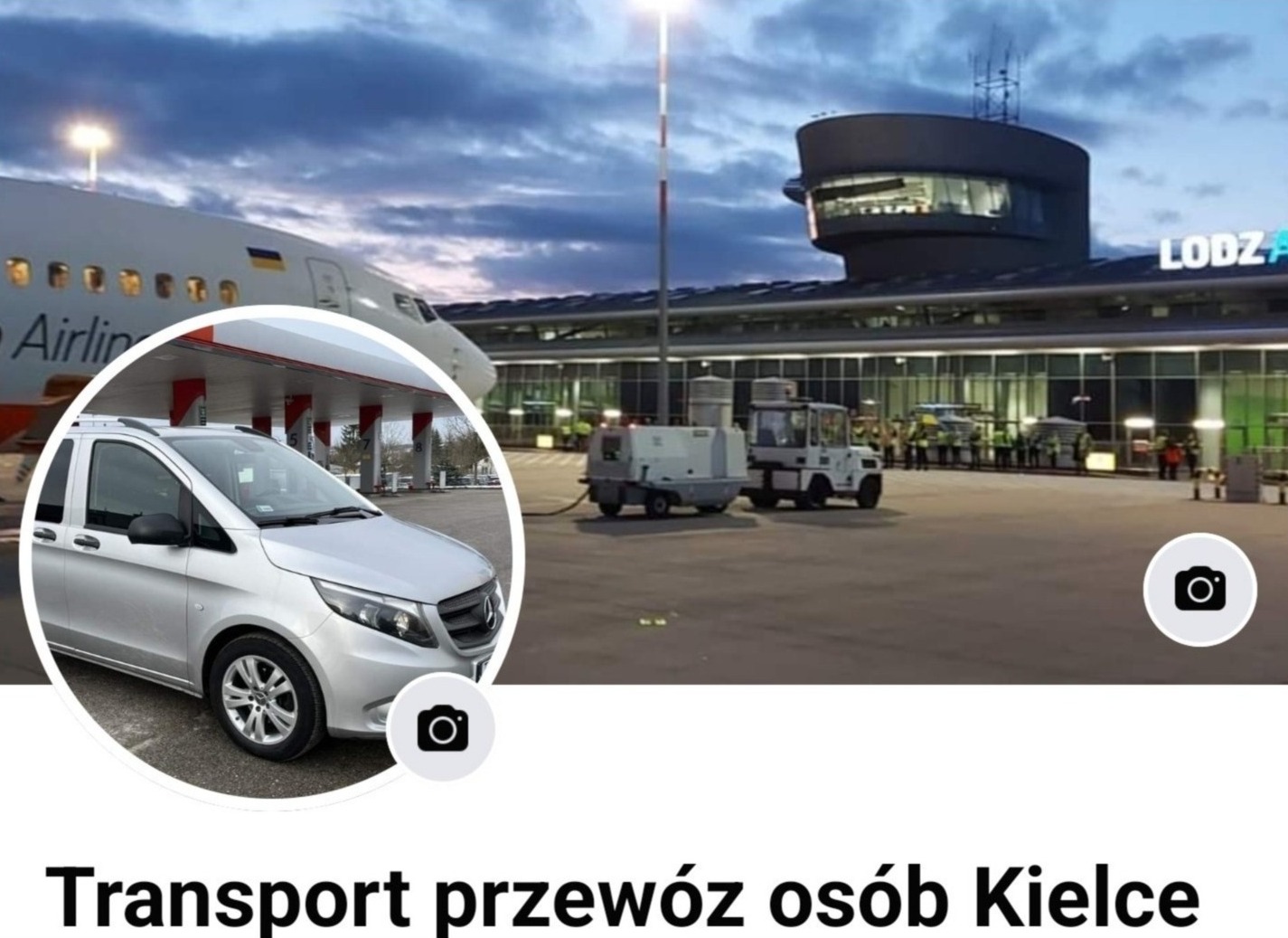Srebrny van Mercedes V-klasy na tle lotniska Łódź Lublinek, z samolotem w tle, ujęty w okrągłej ramce profilowej.