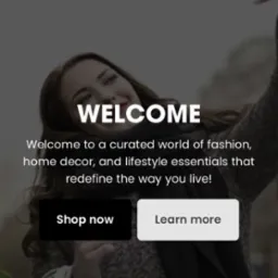 Strona internetowa sklepu Vinnvera z powitaniem, przyciski 'Shop now' i 'Learn more', widoczna kobieta z torbami na zakupy