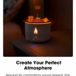 Podświetlony dyfuzor zapachowy z efektem płomienia i aromaterapią, ustawiony na nocnej szafce, tworzący relaksującą atmosferę w sypialni.