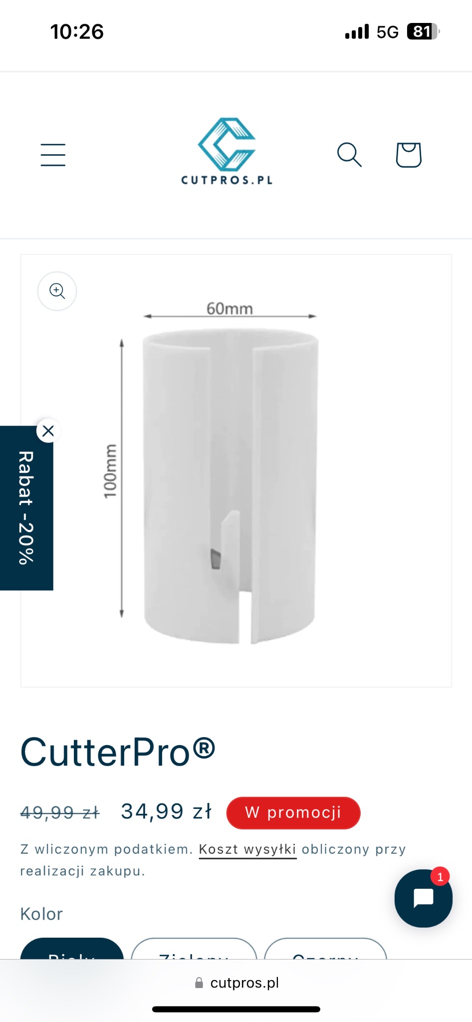 Zrzut ekranu strony internetowej Cutpros.pl prezentujący biały, cylindryczny uchwyt na taśmę z wymiarami 60mm x 100mm, ceną promocyjną i informacjami o kosztach wysyłki.