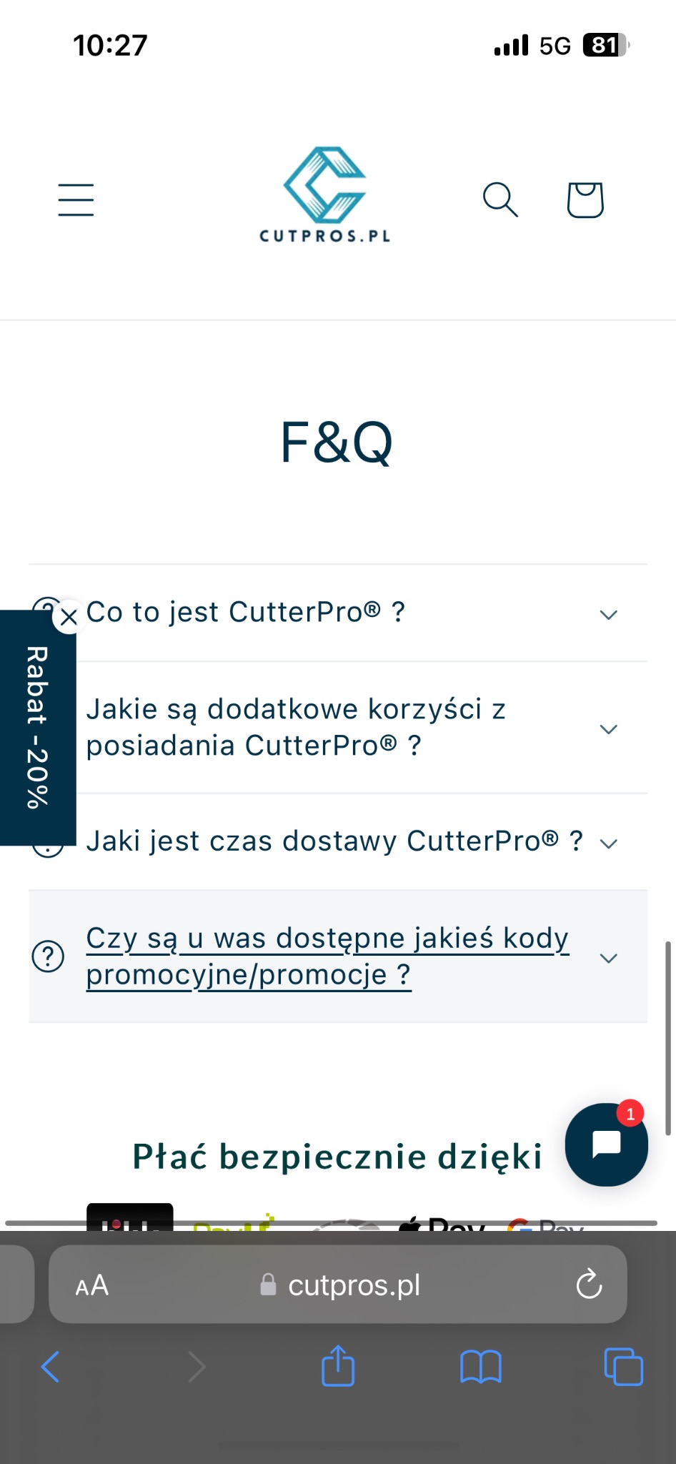 Zrzut ekranu strony internetowej cutpros.pl z sekcją FAQ, oferującej rabat -20% i bezpieczne płatności.