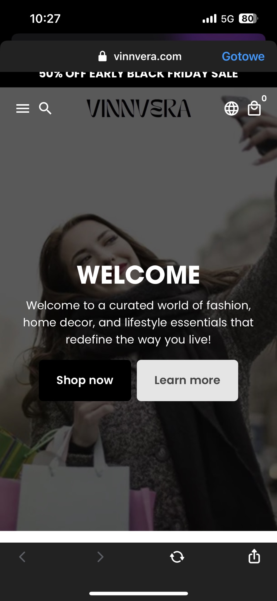 Strona internetowa sklepu Vinnvera z powitaniem, przyciski 'Shop now' i 'Learn more', widoczna kobieta z torbami na zakupy