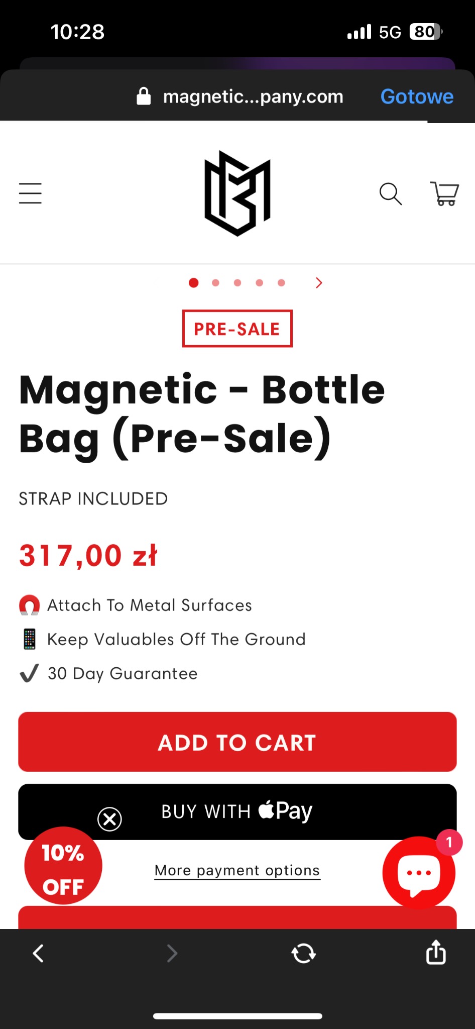 Zrzut ekranu strony internetowej z ofertą przedsprzedaży torby na butelkę, z widocznym logo firmy, ceną 317 zł, opcjami płatności Apple Pay i przyciskiem 'Dodaj do koszyka'.