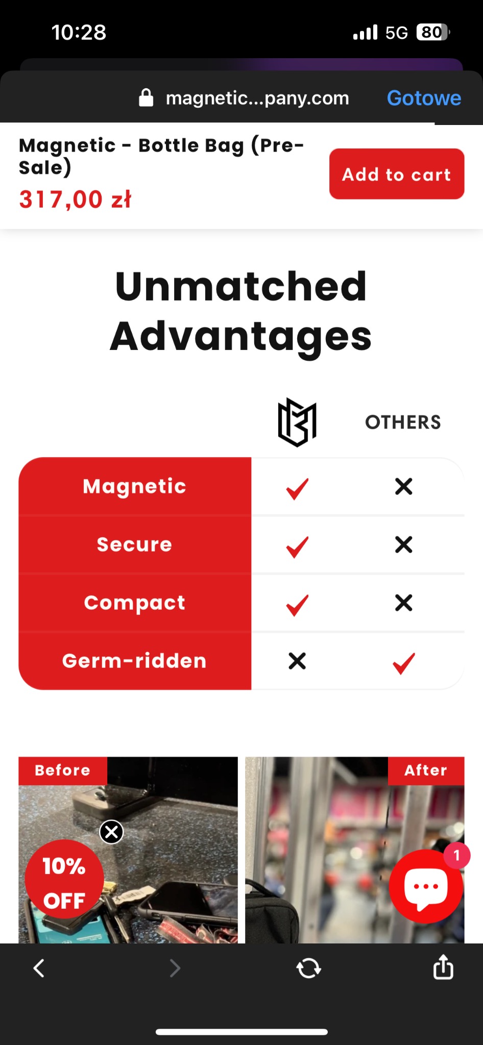 Ekran telefonu prezentujący porównanie cech produktu 'Magnetic Bottle Bag' przed i po użyciu, z uwzględnieniem magnetyzmu, bezpieczeństwa, kompaktowości i odporności na zarazki.